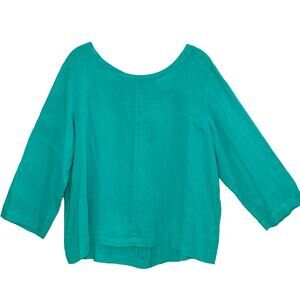 NICOLE MILLER NY 100% Linen Top Large Turquoise Teal Blue Tunic Back Buttons EUC